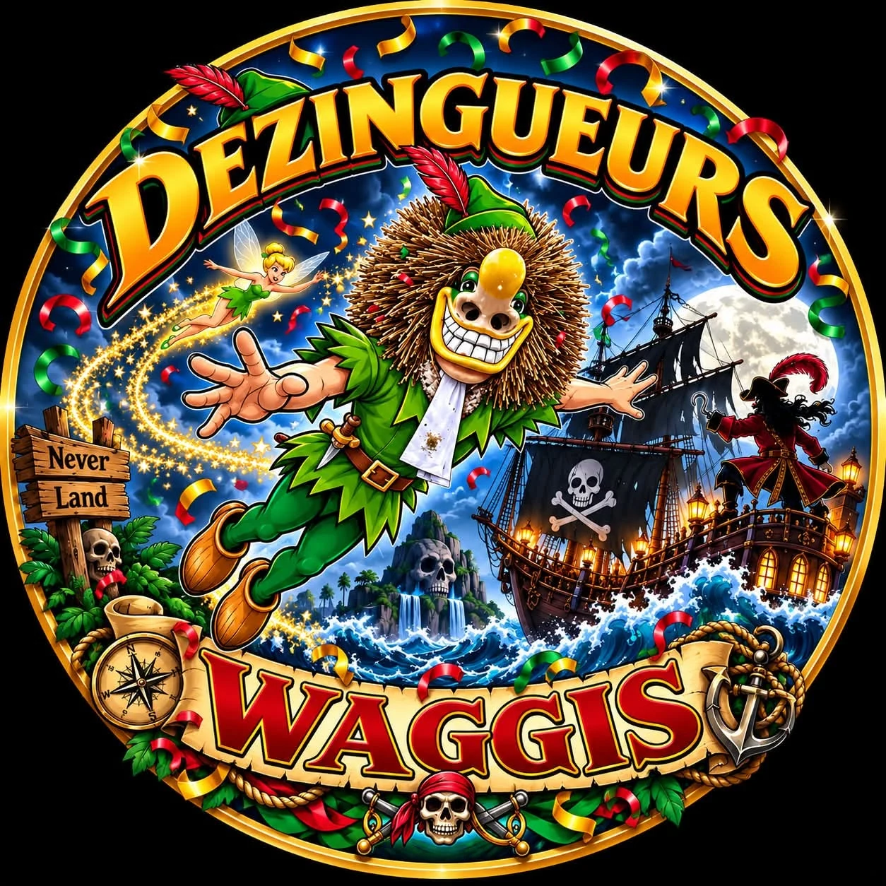Logo des Dezingueurs Waggis : Waggis en Peter Pan et bateau pirate.